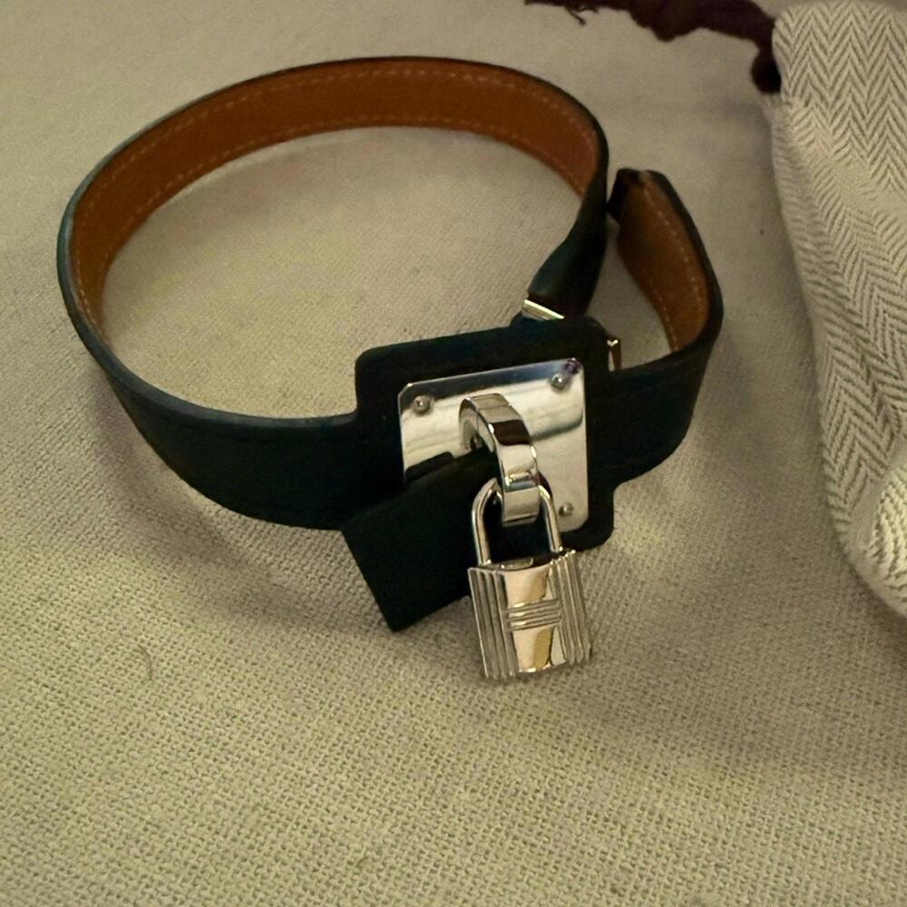 HERMES Authentic O'Kelly Black Swift leather double wrap bracelet w silver NWOT